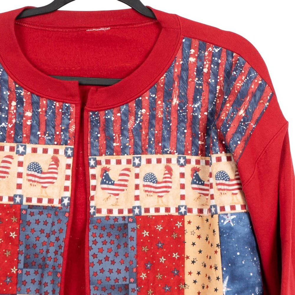 Patriotic Patchwork Cardigan Sweatshirt L XL Rooster Stars July 4th USA 90s Mom - Picture 2 of 5